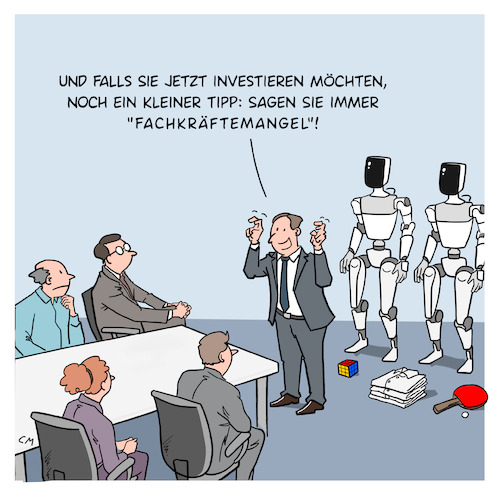 Cartoon: Fachkräftemangel (medium) by Cloud Science tagged ki,humanoide,roboter,robotik,automatisierung,pr,fachkräftemangel,arbeitswelt,arbeit,zukunft,investition,meeting,investieren,ersetzen,mensch,maschine,ethik,tech,technologie,ki,humanoide,roboter,robotik,automatisierung,pr,fachkräftemangel,arbeitswelt,arbeit,zukunft,investition,meeting,investieren,ersetzen,mensch,maschine,ethik,tech,technologie
