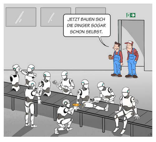 Cartoon: Robots building Robots (medium) by Cloud Science tagged roboter,humanoide,2026,ki,embodied,ai,robotsbuildingrobots,selbstmontage,selbstreplikation,autonomie,fließband,fertigung,industrie,fabrik,zukunft,arbeitswelt,montage,produktion,technik,karikatur,cartoon,illustration,arbneitsplatz,factory,robots