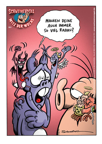 Cartoon: Schweinevogel Witz der Woche 051 (medium) by Schweinevogel tagged schweinevogel,funny,witz,cartoon,schwarwel,iron,doof,engel,teufel