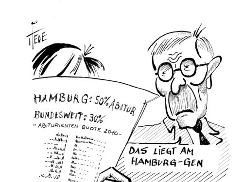 Cartoon: Das Hamburg-Gen (medium) by tiede tagged zentralabitur,sarrazin,spitzenposition,hamburg,bundesvergleich,abiturquote,bundesvergleich,hamburg,spitzenposition,sarrazin,abiturquote