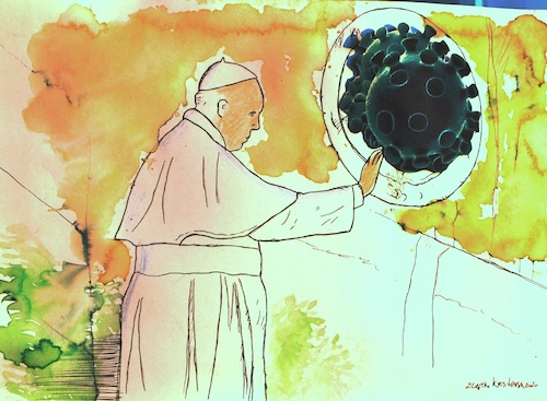 Cartoon: Pope Hero (medium) by Zlatko Iv tagged corona,spiritueller,traum,ewigkeit,dankefitness,pope,virus