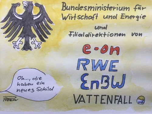 Cartoon: Filialdirektion (medium) by Pralow tagged energiewende,klimaschutz,klimawandel,eeg,finanzministerium,gabriel,koruption,die,großen,vier,eon,rwe,vattenfall,bnbw