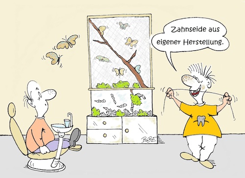 Cartoon: Beim Zahnarzt (medium) by BuBE tagged zahnarzt,zahnseide,zahnarztbehandlung,zahnreinigung,seidenspinner,seidenraupe,raupe,schmetterling