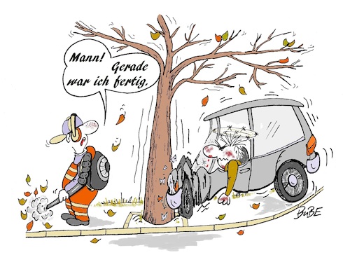 Cartoon: Laubbläser (medium) by BuBE tagged laubbläser,herbst,laub,unfall,laubbeseitigung,blätterfall,autounfall