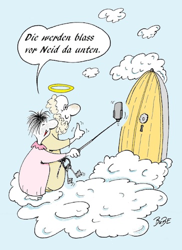 Cartoon: Selfie im Himmel (medium) by BuBE tagged selfie,himmel,petrus,wolken,himmelstor,neid