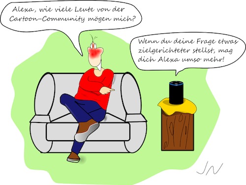 Cartoon: Alexa (medium) by Jochen N tagged alexa,fragen,smart,amazon,computer,box,sprachassistent,datensicherheit,überwachung,kontrolle,maik,sessel,scham,schüchtern