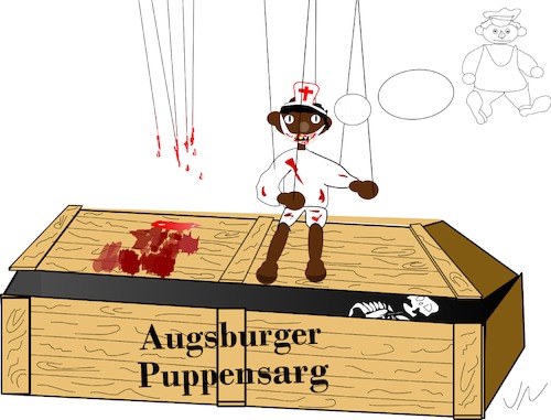 Cartoon: Augsburger Puppentod (medium) by Jochen N tagged augsburger,puppenkiste,jim,knopf,lukas,halloween,sarg,marionette,skelett,menschenfresser,tod,blut,puppe,horror