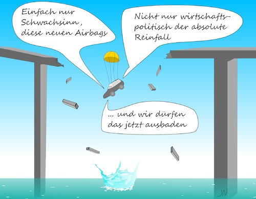 Cartoon: Brücke Einsturz (medium) by Jochen N tagged brücke,genua,einsturz,absturz,fallschirm,airbag,marode,untergang,fallen,nass,schwachsinn,reinfall,baden,ausbaden,wirtschaftspolitik