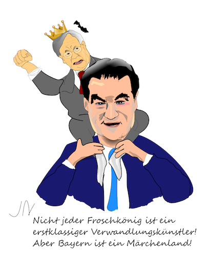 Cartoon: Kanzlerkandidaten (medium) by Jochen N tagged kanzlerkandidat,kanzler,bundeskanzler,cdu,csu,söder,laschet,merkel,märchen,froschkönig,könig,bayern,huckepack,strümpfe,umfrage