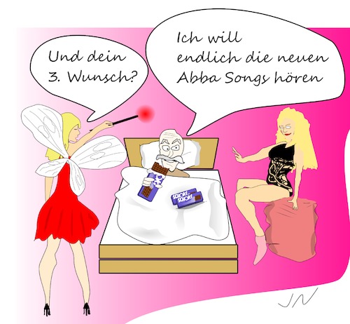 Cartoon: Lebensende (medium) by Jochen N tagged abba,wiedervereinigung,comeback,pop,waterloo,bett,fee,wunsch,wünsche,lebensende,schoko,sexy,rosa