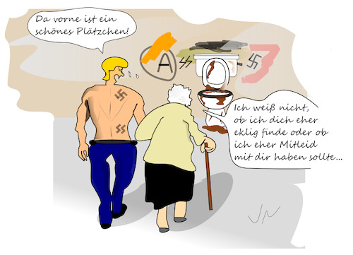 Cartoon: Naziführer (medium) by Jochen N tagged höcke,afd,ns,nazi,führer,rechtsradikal,hitler,oberkörper,klo,toilette,oma,stock,schmutz,dreck,ekel,gestank,mitleid