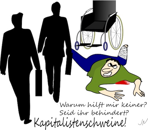Cartoon: Rollstuhl (medium) by Jochen N tagged rollstuhl,hilfe,notfall,kapital,kapitalist,blut,verband,sturz,verletzung,vermögen,geld,behindert,behinderung,gehbehinderung,bein,koffer