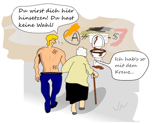 Cartoon: Stinkende Wahl (medium) by Jochen N tagged europawahl,wahl,eu,euro,kreuz,hakenkreuz,nazi,oberkörper,klo,toilette,oma,stock,pfleger,schmutz,dreck,ekel,gestank