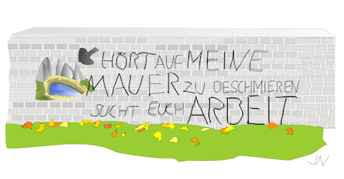 Cartoon: Streetart (medium) by Jochen N tagged mauer,wand,schmier,arbeit,herbst,blätter,graffiti,kunst,malerei,ästhetik,verbot,privat,straftat