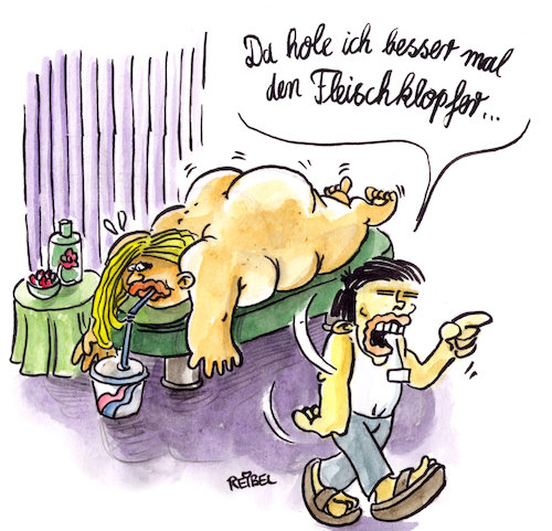 Cartoon: berge von arbeit (medium) by REIBEL tagged massage,wellness,dick,massig,hilfsmittel,werkzeug