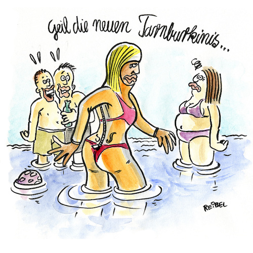Cartoon: Burkini am Baggersee (medium) by REIBEL tagged burkini,baggersee,baden,anzug,verhüllen,erotisch,bikini,wasser,see,meer,burkini,baggersee,baden,anzug,verhüllen,erotisch,bikini,wasser,see,meer