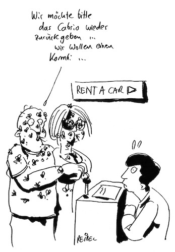 Cartoon: cabrio (medium) by REIBEL tagged cabrio,fliegen,auto,autoverleih,mietwagen,beschwerde,umtausch,paar,leihen,autoschlüssel