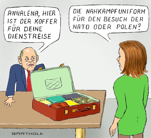 Cartoon: Anfängerfrage (medium) by Barthold tagged annalena,baerbock,außenministerin,dienstreise,brüssel,nato,generalsekretär,jens,stoltenberg,polen,außenminister,zbigniew,rau,olaf,scholz,koffer,nahkampfuniform,cartoon,karikatur,barthold,annalena,baerbock,außenministerin,dienstreise,brüssel,nato,generalsekretär,jens,stoltenberg,polen,außenminister,zbigniew,rau,olaf,scholz,koffer,nahkampfuniform,cartoon,karikatur,barthold