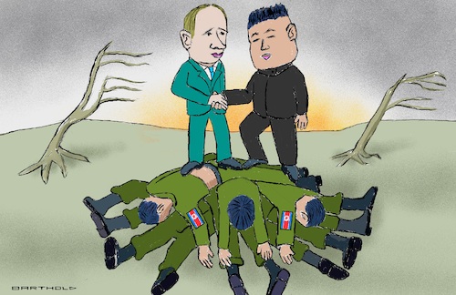 Cartoon: Beziehungen auf neuem Niveau (medium) by Barthold tagged wladimir,putin,neujahrsbotschaft,2024,2025,kim,jong,un,waffenbrüder,verbündete,ukraine,krieg,ukrainekrieg,gefallene,nordkoreaner,aufgeschichtet,haufen,russischer,präsident,lobt,qualität,beziehung,cartoon,karikatur,barthold,wladimir,putin,neujahrsbotschaft,2024,2025,kim,jong,un,waffenbrüder,verbündete,ukraine,krieg,ukrainekrieg,gefallene,nordkoreaner,aufgeschichtet,haufen,russischer,präsident,lobt,qualität,beziehung,cartoon,karikatur,barthold