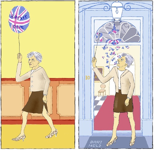 Cartoon: Burst Dreams (medium) by Barthold tagged parliament,decision,brexit,deal,eu,january,15,2019,rejection,refusal,house,commons,setback,theresa,may,prime,minister,balloon,bursting,burst,downing,street,10,hallway,entrance,hall,lantern,shattered,dreams