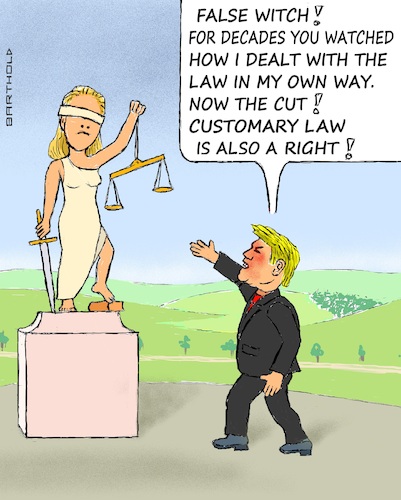 Cartoon: Customary Law (medium) by Barthold tagged donald,trump,indictment,criminal,case,judge,juan,merchan,attorney,alvin,bragg,new,york,court,forgery,business,records,juxtaposition,formulated,customary,law,statue,lady,justice,verbal,abuse,cartoon,caricature,barthold,donald,trump,indictment,new,york,court,forgery,business,records,juxtaposition,formulated,customary,law,statue,lady,justice,verbal,abuse,cartoon,caricature,barthold