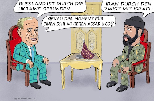 Cartoon: Geburt d. Dez.-Offensive d. HTS (medium) by Barthold tagged vormarsch,hts,hai,at,tahrir,asch,scham,gegen,aleppo,hama,offensive,abu,muhammad,al,dschaulani,jawlani,julani,golani,recep,tayyip,erdogan,gespräch,planung,cartoon,karikatur,barthold,vormarsch,hts,hai,at,tahrir,asch,scham,gegem,aleppo,hama,offensive,abu,muhammad,al,dschaulani,jawlani,julani,golani,recep,tayyip,erdogan,gespräch,planung,cartoon,karikatur,barthold