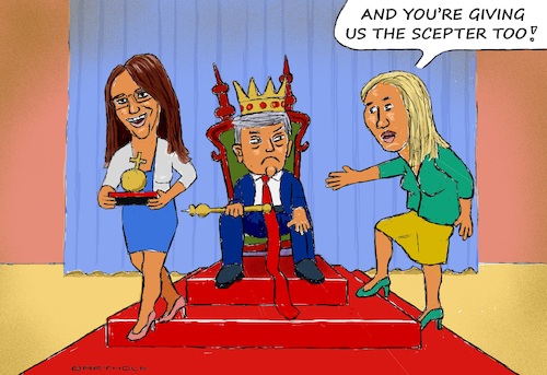 Cartoon: King Donald (medium) by Barthold tagged usa,trump,no,willingness,release,epstein,files,showdown,senators,representatives,forced,him,congress,congressional,vote,lauren,boebert,imperial,orb,marjorie,taylor,greene,scepter,throne,insignia,power,cartoon,caricature,barthold,usa,trump,no,willingness,release,epstein,files,showdown,senators,representatives,forced,him,lauren,boebert,imperial,orb,marjorie,taylor,greene,scepter,throne,insignia,power,cartoon,caricature,barthold