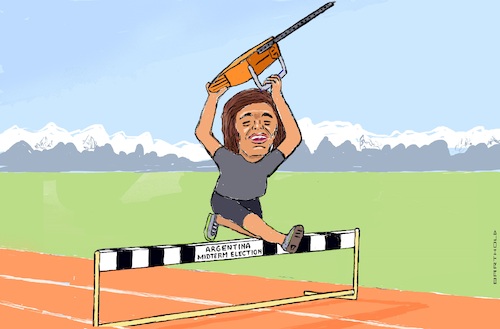 Cartoon: Leap Achieved Despite Handicap (medium) by Barthold tagged argentina,midterm,elections,2025,senate,house,of,representatives,javier,milei,party,40,percent,forza,patria,coalition,including,socialists,33,hurdle,president,leaping,jumping,handicap,chainsaw,cartoon,caricature,barthold,argentina,midterm,elections,2025,senate,house,of,representatives,javier,milei,party,40,percent,forza,patria,coalition,including,socialists,33,hurdle,president,leaping,jumping,handicap,chainsaw,cartoon,caricature,barthold