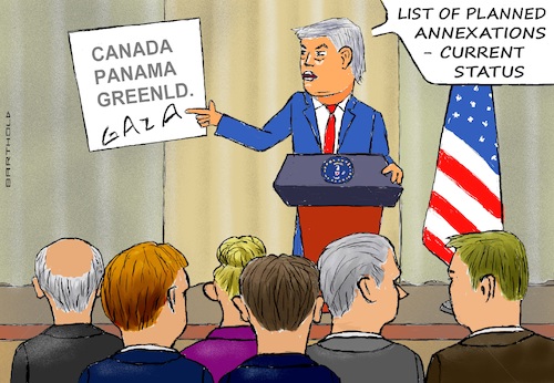 Cartoon: List of Planned Annexations (medium) by Barthold tagged meeting,trump,netanyahu,washington,february,04,2025,resolution,gaza,strip,will,become,us,territory,palestinians,expelled,displaced,press,conference,white,house,cartoon,caricature,barthold,meeting,trump,netanyahu,washington,february,04,2025,resolution,gaza,strip,will,become,us,territory,palestinians,expelled,displaced,press,conference,white,house,cartoon,caricature,barthold