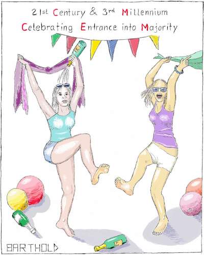 Cartoon: Majority Age Party (medium) by Barthold tagged 2018,21th,century,3rd,millennium,majority,age,party,girls,cheering,jumping,dancing,champagne,new,years,eve