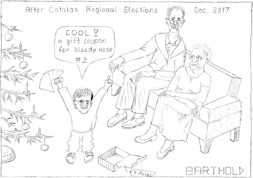 Cartoon: Puigi happy ab. his X-mas gifts (medium) by Barthold tagged spain,catalonia,catalan,regional,elections,december,2017,independence,separatism,separation,article,155,mario,rajoy,carles,puigdemont,xavier,parents,nuria,casamajo,gift,coupon,bloody,nose,christmas,tree