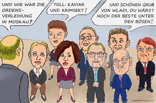 Cartoon: Putins Lob für Scholz (medium) by Barthold tagged russischer,thinktank,europainstitut,der,russischen,akademie,wissenschaften,chef,alexej,gromyko,einordnung,deutsche,politiker,alice,weidel,sahra,wagenknecht,amira,mohamed,ali,walter,borjans,tino,chrupalla,rolf,mützenich,gregor,gysi,ralf,stegner,pazifisten,putinversteher,fiktion,ordensverleihung,moskau,problem,lob,falsche,seite,eindruck,illoyalität,cartoon,karikatur,barthold,russischer,thinktank,europainstitut,der,russischen,akademie,wissenschaften,chef,alexej,gromyko,einordnung,deutsche,politiker,alice,weidel,sahra,wagenknecht,amira,mohamed,ali,walter,borjans,tino,chrupalla,rolf,mützenich,gregor,gysi,ralf,stegner,pazifisten,putinversteher,fiktion,ordensverleihung,moskau,problem,lob,falsche,seite,eindruck,illoyalität,cartoon,karikatur,barthold