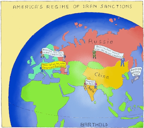 Cartoon: Response on T.s Iran Sanctions (medium) by Barthold tagged usa,united,states,donald,trump,iran,nuclear,deal,jcpoa,sanctions,american,law,global,implementation,china,russia,european,union,treaty,breach,democracy,voting,power,congress,presidential,elections