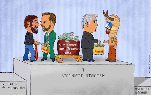 Cartoon: Sieger in Korruption (medium) by Barthold tagged trump,gerichtlicher,vergleich,erhalt,entschädigung,einskommaacht,milliarden,dollar,absicht,nutzung,zahlungen,justizopfer,unter,demokratischen,präsidenten,regierungen,nutznießer,donald,selbst,kapitolstürmer,sechster,januar,2021,juristisch,moralisch,unvertretbar,siegertreppchen,korruption,usa,sieger,jack,lang,gewalttätiger,eindringling,kapitol,jd,vance,jake,agnelli,schamane,anti,weaponization,fund,cartoon,karikatur,barthold,trump,gerichtlicher,vergleich,erhalt,entschädigung,einskommaacht,milliarden,dollar,absicht,nutzung,zahlungen,justizopfer,unter,demokratischen,präsidenten,regierungen,nutznießer,donald,selbst,kapitolstürmer,sechster,januar,2021,juristisch,moralisch,unvertretbar,siegertreppchen,korruption,usa,sieger,jack,lang,gewalttätiger,eindringling,kapitol,jd,vance,jake,agnelli,schamane,anti,weaponization,fund,cartoon,karikatur,barthold