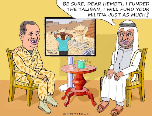 Cartoon: Sponsoring Inhumanity (medium) by Barthold tagged war,sudan,rsf,rapid,support,forces,hamadan,daglo,alias,hemeti,hemedti,contra,military,destruction,demolition,houses,infrastructure,displacement,population,internally,displaced,people,camp,camps,chaotic,epidemic,hunger,undersupply,uae,united,arab,emirates,mbz,mohammed,bin,zayed,head,of,state,militia,cartoon,caricature,barthold,war,sudan,rsf,rapid,support,forces,hamadan,daglo,alias,hemeti,hemedti,contra,military,destruction,demolition,houses,infrastructure,displacement,population,internally,displaced,people,camp,camps,chaotic,epidemic,hunger,undersupply,uae,united,arab,emirates,mbz,mohammed,bin,zayed,head,of,state,militia,cartoon,caricature,barthold