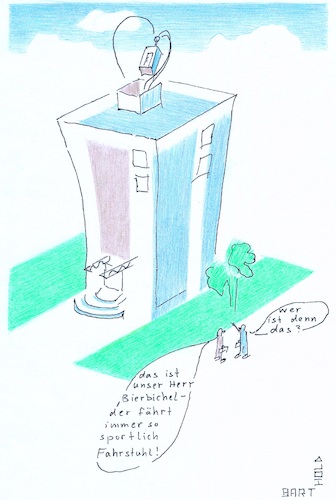 Cartoon: sportlich Fahrstuhl fahren (medium) by Barthold tagged fahrstuhl,aufzug,sportlich,sport,looping,akrobatik,kollegen,austausch,bürohochhaus,fahrstuhlhäuschen,fahrstuhlhaus