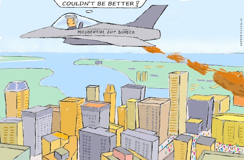 Cartoon: T. doesn t Give a Shit on the US (medium) by Barthold tagged usa,no,kings,demonstrations,protests,october,18,2025,reaction,trump,ai,video,president,flys,bomber,drops,shit,unsavory,dismissive,disrespectful,bird,eye,view,american,city,jet,fighter,demonstration,cartoon,caricature,barthold,usa,no,kings,demonstrations,protests,october,18,2025,reaction,trump,ai,video,president,flys,bomber,drops,shit,unsavory,dismissive,disrespectful,bird,eye,view,american,city,jet,fighter,demonstration,cartoon,caricature,barthold