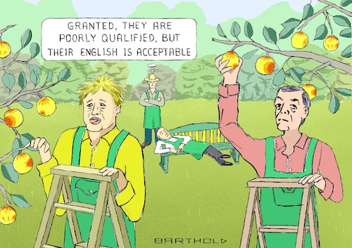 Cartoon: The Shutting Out of Fruitpickers (medium) by Barthold tagged new,immigration,rules,2021,restrictions,low,education,levels,harvesters,fruitpickers,unskilled,workers,farm,hands,assistants,boris,johnson,nigel,farage,jacob,reese,moog,orchard,grower,cartoon,caricature,barthold,new,immigration,rules,2021restrictions,low,education,levels,harvesters,fruitpickers,unskilled,workers,farm,hands,assistants,boris,johnson,nigel,farage,jacob,reese,moog,orchard,grower,cartoon,caricature,barthold