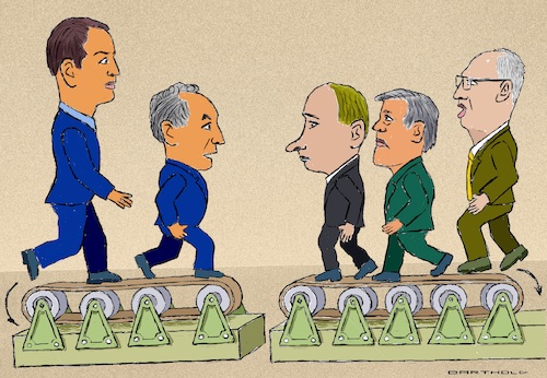 Cartoon: They are mvg. towards each other (medium) by Barthold tagged peace,talks,ukraine,war,moscow,december,02,2025,persons,jared,kushner,steve,witkoff,putin,yuri,yury,ushakov,kirill,dmitrijew,backward,running,treadmill,cartoon,caricature,barthold,peace,talks,ukraine,war,moscow,december,02,2025,persons,jared,kushner,steve,witkoff,putin,yuri,yury,ushakov,kirill,dmitrijew,backward,running,treadmill,cartoon,caricature,barthold