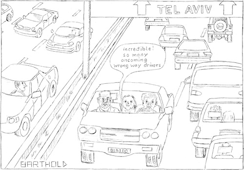 Cartoon: Two also can be very alone! (medium) by Barthold tagged benjamin,netanjahu,sara,donald,trump,jerusalem,capital,highway,israel,wrong,way,driver,loneliness,heavy,traffic,tel,aviv,signposting