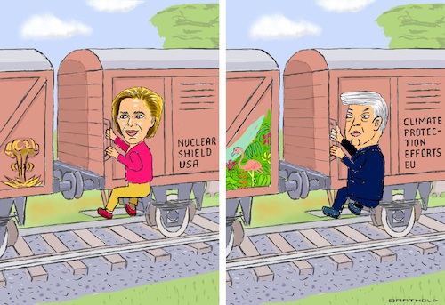 Cartoon: Two Hangers-on (medium) by Barthold tagged usa,europe,nuclear,deterrence,by,america,climate,protection,shouldered,old,world,plus,numerous,other,countries,freight,car,footboards,lettering,graffiti,ursula,leyen,donald,trump,suspension,rules,ban,halting,emissions,gases,cartoon,caricature,barthold,usa,europe,nuclear,deterrence,provided,by,america,global,climate,protection,shouldered,from,old,world,plus,numerous,other,countries,freight,car,wagon,footboards,lettering,writing,graffiti,ursula,leyen,donald,trump,suspension,rules,ban,halting,emmissions,gases,cartoon,caricature,barthold