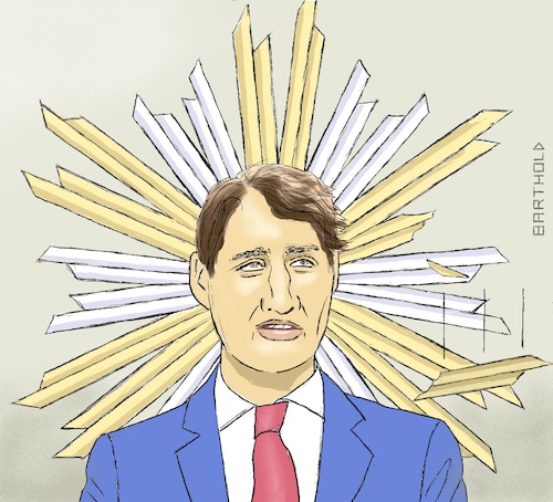 Cartoon: Winner of Parliament Elections (medium) by Barthold tagged justin,trudeau,liberal,party,prime,minister,canada,parliament,election,2019,loss,absolute,majority,cooperation,ndp,socialists,gloriole,damage