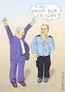 Cartoon: Bibi can look confidently forwd. (small) by Barthold tagged israel,parliament,election,march,2020,victory,benjamin,netanyahu,likud,awaiting,prosecution,corruption,bribery,granting,undue,advantage,policeman,handcuffs,caricature,barthold