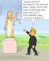 Cartoon: Customary Law (small) by Barthold tagged donald,trump,indictment,criminal,case,judge,juan,merchan,attorney,alvin,bragg,new,york,court,forgery,business,records,juxtaposition,formulated,customary,law,statue,lady,justice,verbal,abuse,cartoon,caricature,barthold