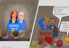 Cartoon: Who Gets the Attention? (small) by Barthold tagged america,usa,presidential,election,2024,campaign,kamala,harris,tim,walz,trump,vance,hype,attention,reference,assassination,attempt,graze,butler,pennsylvania,cartoon,caricature,barthold