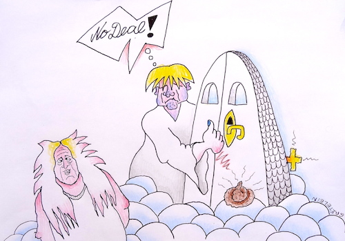 Cartoon: kein deal (medium) by katzen-gretelein tagged brexit,wuschelkopf,himmelstür,wolken,haare,frisur