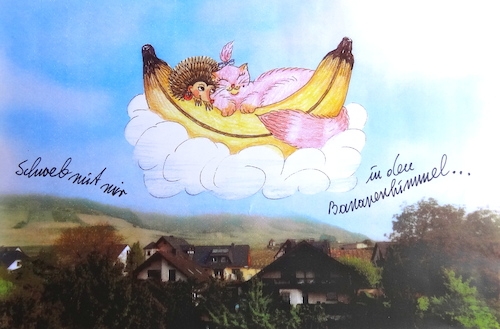 Cartoon: schwebende banane (medium) by katzen-gretelein tagged schwein,igel,liebe,himmel,banane