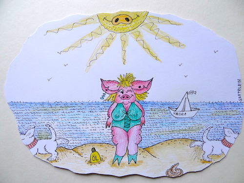 Cartoon: unter südlicher sonne (medium) by katzen-gretelein tagged sonne,meer,strandmode,sexi,schweinchen,sonnenöl,ferien,zwei,weiße,hunde