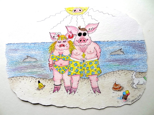 Cartoon: unter südlicher sonne 4 (medium) by katzen-gretelein tagged schweine,partnerlook,strandleben