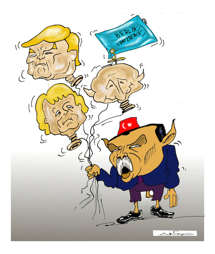 Cartoon: BERLIN CONFERENCE (medium) by vasilis dagres tagged greece,turkey,berlin,conference,erntogan,merkel,pytin,trump